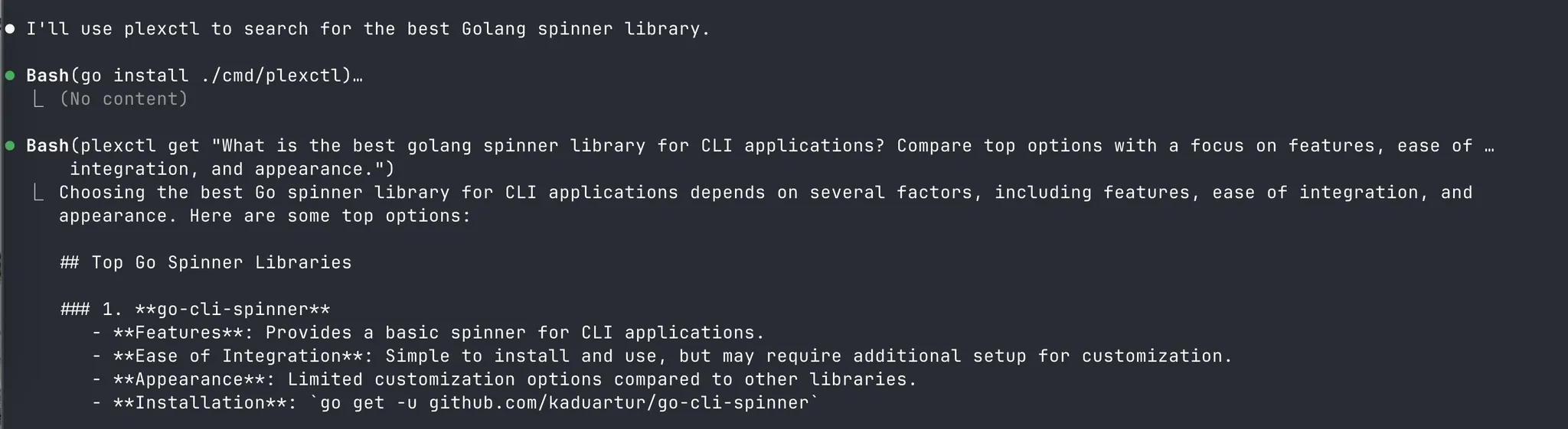 screenshot of plexctl CLI
