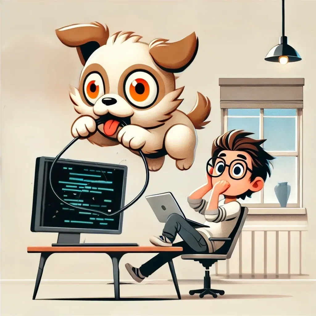 Silly claude pup chewing on wires while nate is in dismay